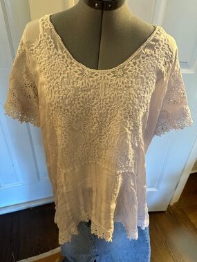 Johnny Was Lightweight Lace Edged and Embroidered Top Cotton XL